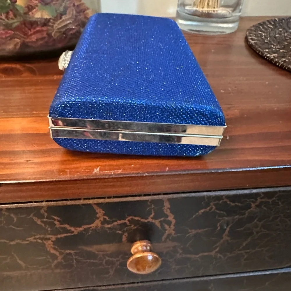 Elegant Blue Clutch with Rhinestone Accents and Chain Shoulder Strap DAMAGED